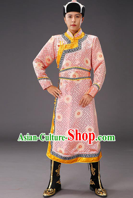 Chinese Traditional Pink Brocade Mongolian Robe Costume Mongol Minority Ethnic Men Garment