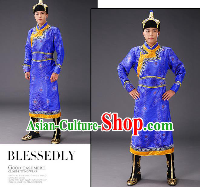 Chinese Traditional Royalblue Brocade Mongolian Robe Costume Mongol Minority Ethnic Men Garment