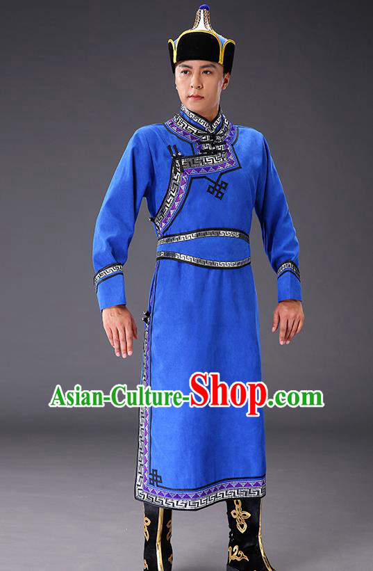 Chinese Traditional Royalblue Suede Fabric Mongolian Robe Costume Mongol Minority Ethnic Men Stage Performance Garment