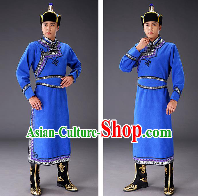 Chinese Traditional Royalblue Suede Fabric Mongolian Robe Costume Mongol Minority Ethnic Men Stage Performance Garment