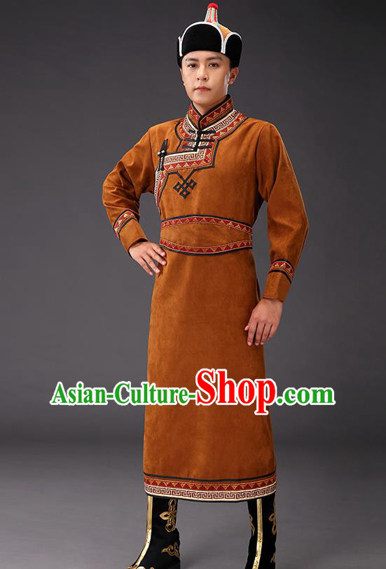 Chinese Traditional Brown Suede Fabric Mongolian Robe Costume Mongol Minority Ethnic Men Stage Performance Garment