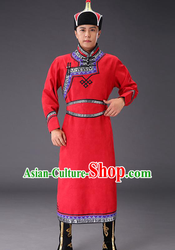 Chinese Traditional Red Suede Fabric Mongolian Robe Costume Mongol Minority Ethnic Men Stage Performance Garment