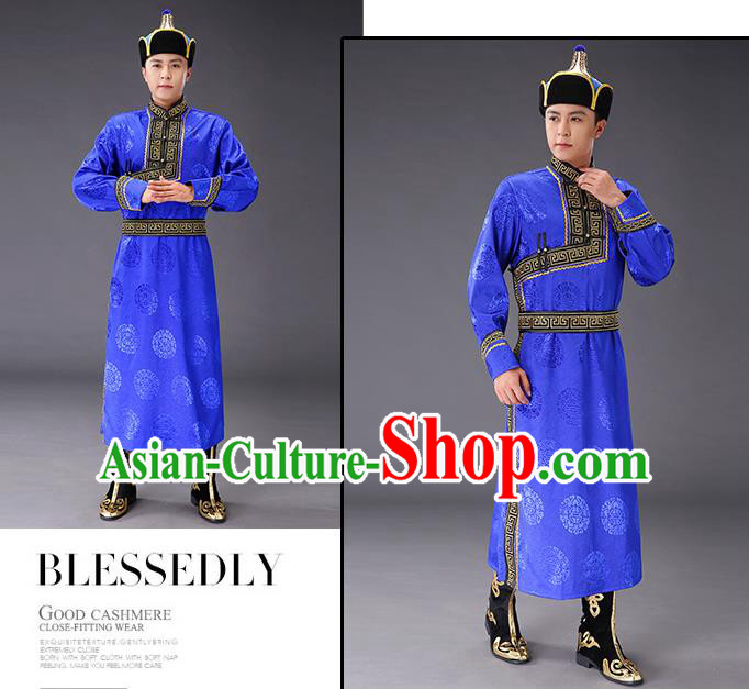 Chinese Traditional Mongol Minority Men Royalblue Mongolian Robe Costume Ethnic Stage Performance Garment