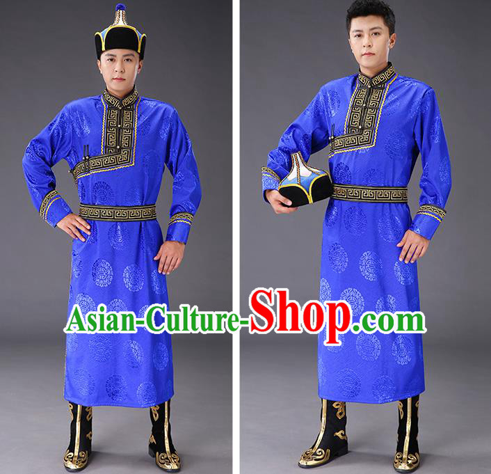 Chinese Traditional Mongol Minority Men Royalblue Mongolian Robe Costume Ethnic Stage Performance Garment