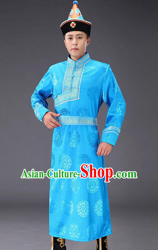 Chinese Traditional Mongol Minority Men Blue Mongolian Robe Costume Ethnic Stage Performance Garment