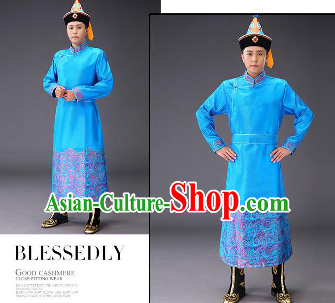 Chinese Traditional Mongol Minority Men Costume Ethnic Stage Performance Garment Blue Brocade Mongolian Robe