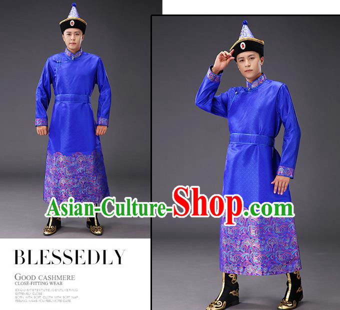 Chinese Traditional Mongol Minority Men Costume Ethnic Stage Performance Garment Royalblue Brocade Mongolian Robe