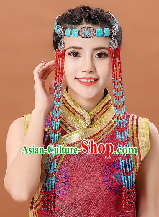 Traditional Chinese Mongol Minority Women Beads Long Tassel Headband Mongolian Hair Accessories Ethnic Dance Hair Clasp