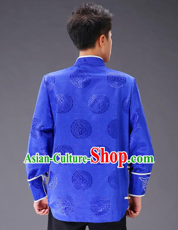 Chinese Traditional Mongol Minority Costume Ethnic Men Shirt Garment Mongolian Royalblue Jacket