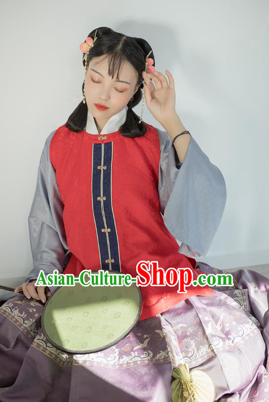 Chinese Traditional Ming Dynasty Noble Girl Red Vest Ancient Young Lady Garment Hanfu Costumes