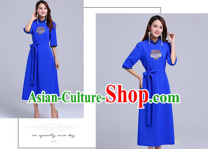 Traditional Chinese Ethnic Women Deep Blue Informal Dress Mongol Minority Garment Mongolian Nationality Apparels Costume