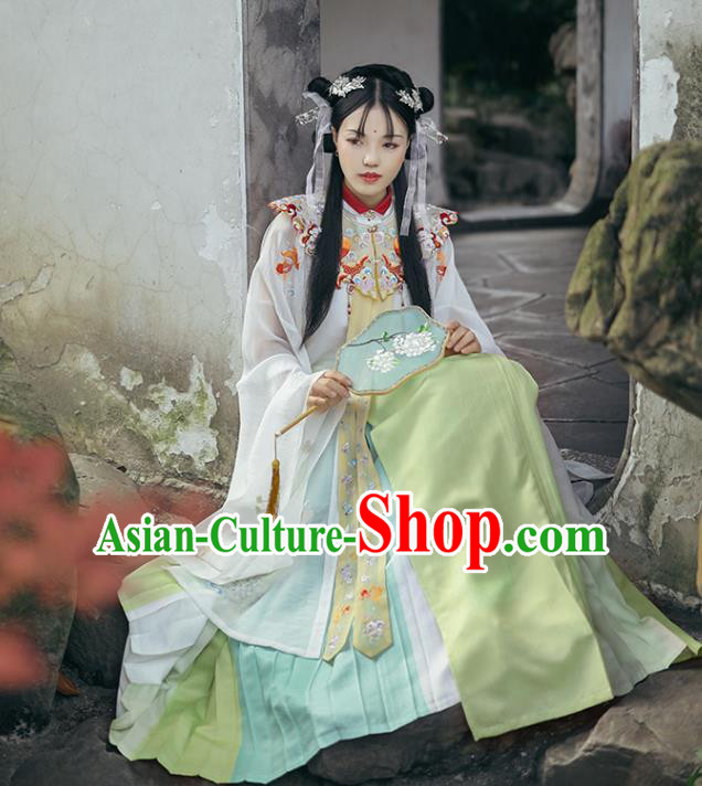 Chinese Traditional Ancient Ming Dynasty Noble Lady Garment Hanfu Costumes Embroidered Cloud Shoulder Blouse and Skirt Full Set