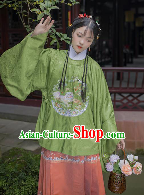 Chinese Traditional Ancient Princess Garment Hanfu Costumes Ming Dynasty Embroidered Green Blouse and Pink Skirt Full Set