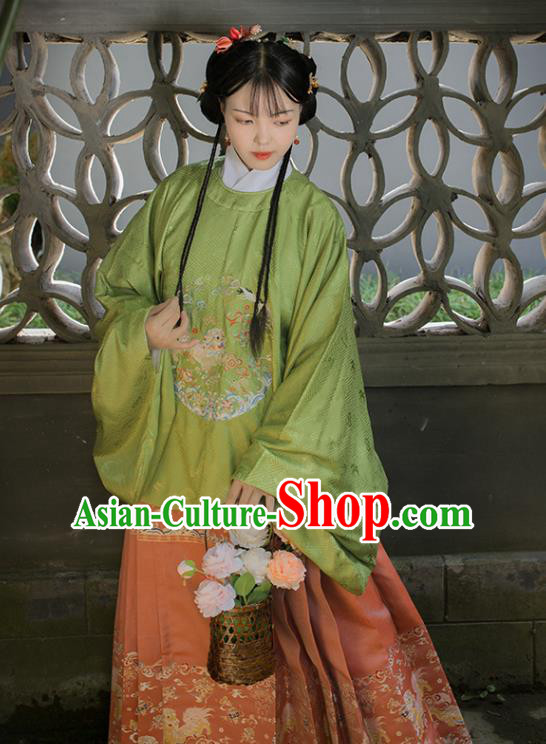 Chinese Traditional Ancient Princess Garment Hanfu Costumes Ming Dynasty Embroidered Green Blouse and Pink Skirt Full Set