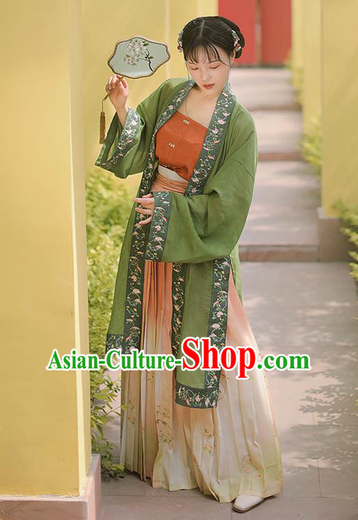 Chinese Ancient Song Dynasty Princess Dress Costumes Traditional Hanfu Court Lady Embroidered Green BeiZi Top and Skirt Full Set