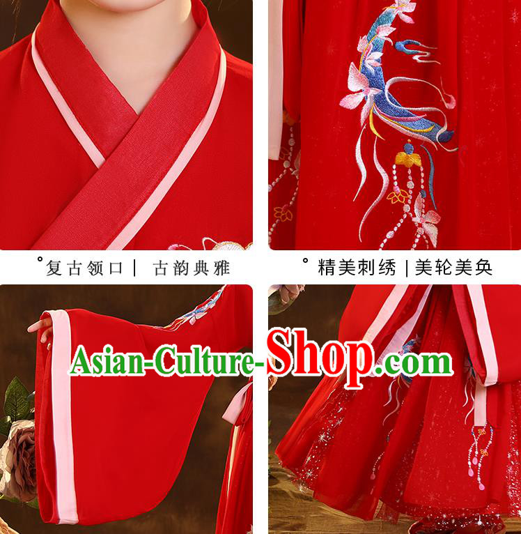 Chinese Traditional Hanfu Red Blouse and Skirt Ancient Jin Dynasty Girl Costumes Apparels for Kids