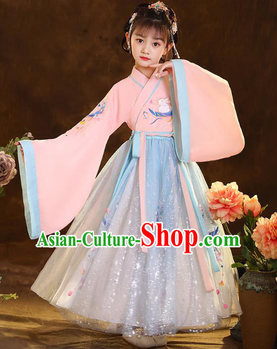 Chinese Traditional Hanfu Pink Blouse and Blue Skirt Ancient Jin Dynasty Girl Costumes Apparels for Kids
