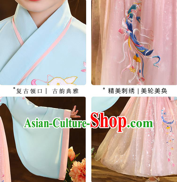Chinese Traditional Hanfu Blue Blouse and Pink Skirt Ancient Jin Dynasty Girl Costumes Apparels for Kids