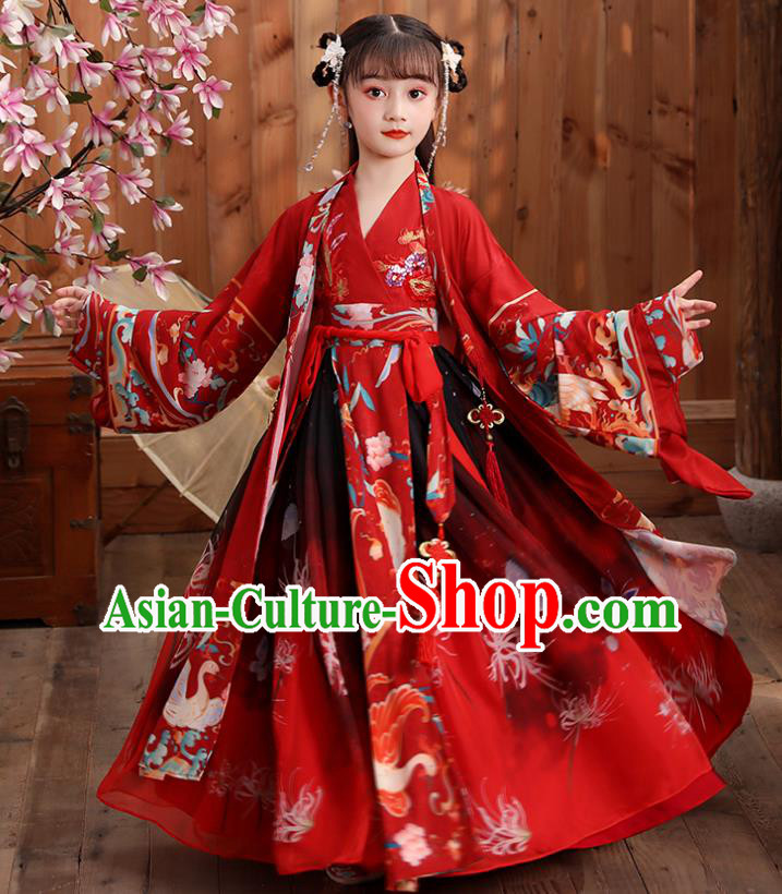 Chinese Traditional Royal Princess Hanfu Red Blouse and Skirt Ancient Han Dynasty Girl Costumes Apparels for Kids