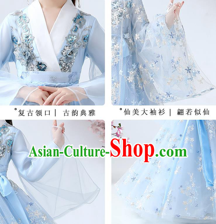 Chinese Traditional Royal Princess Blue Hanfu Dress Ancient Han Dynasty Girl Costumes Cloak Blouse and Skirt Apparels for Kids