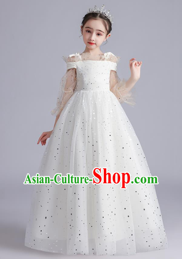 Top Grade Girls Stage Show White Dress Children Birthday Costume Baby Compere Full Dress