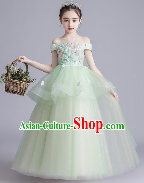 Top Grade Girls Stage Show Green Dress Children Birthday Costume Baby Compere Off Shoulder Full Dress