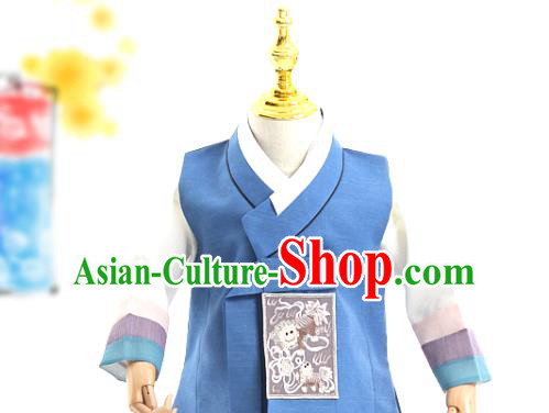 Asian Korea Traditional Embroidered Blue Shirt and Pants Children Birthday Fashion Korean Apparels Boys Hanbok Costumes for Kids