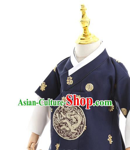 Asian Korea Traditional Embroidered Navy Shirt and Pants Children Birthday Fashion Korean Apparels Boys Hanbok Costumes for Kids