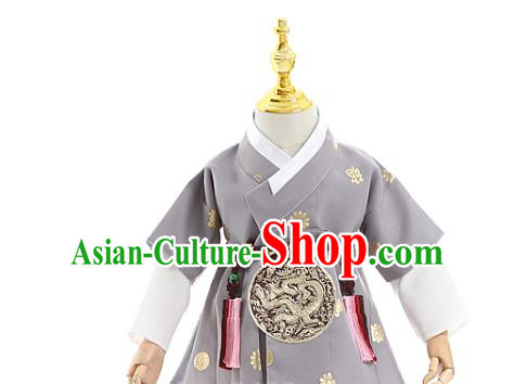 Asian Korea Traditional Embroidered Grey Shirt and Pants Children Birthday Fashion Korean Apparels Boys Hanbok Costumes for Kids