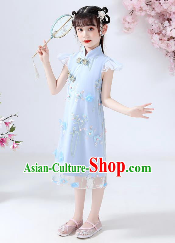 Chinese Traditional Tang Suit Blue Qipao Dress Ancient Girl Costumes Stage Show Cheongsam Apparels for Kids