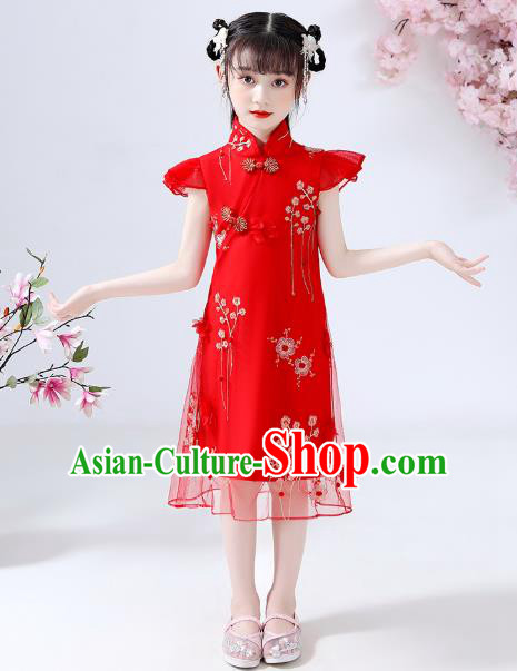 Chinese Traditional Tang Suit Red Qipao Dress Ancient Girl Costumes Stage Show Cheongsam Apparels for Kids