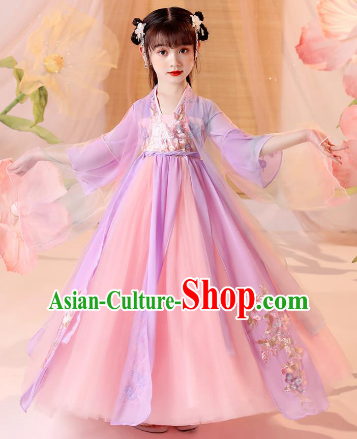 Chinese Traditional Tang Suit Lilac Hanfu Dress Ancient Song Dynasty Girl Costumes Stage Show Apparels for Kids