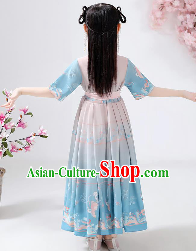 Chinese Traditional Song Dynasty Embroidered Hanfu Dress Ancient Girl Costumes Stage Show Apparels Blue Cloak Blouse and Skirt for Kids