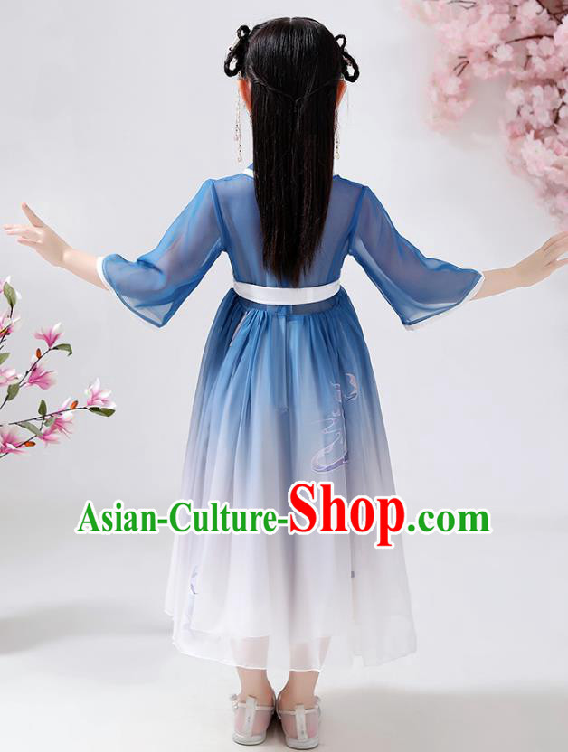 Chinese Traditional Ming Dynasty Embroidered Hanfu Dress Ancient Girl Costumes Stage Show Apparels Blue Cloak Blouse and Slip Dress for Kids