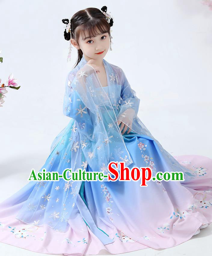 Chinese Traditional Song Dynasty Girl Hanfu Dress Ancient Children Costumes Stage Show Apparels Blue Cape Blouse and Skirt for Kids