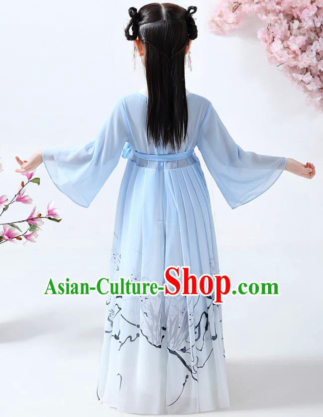 Chinese Traditional Song Dynasty Girl Hanfu Dress Ancient Children Costumes Stage Show Apparels Blue Chiffon Cape Blouse and Skirt for Kids