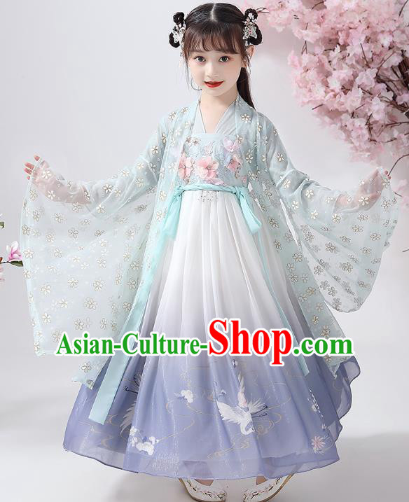 Chinese Traditional Printing Hanfu Dress Ancient Princess Costumes Stage Show Girl Green Cape Blouse and Skirt Apparels for Kids