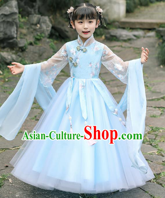 Chinese Traditional Tang Suit Blue Qipao Dress Apparels Ancient Girl Costumes Stage Show Cheongsam for Kids