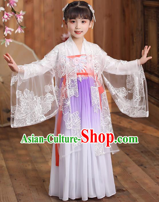 Chinese Traditional Hanfu Dress Apparels Ancient Princess Costumes Stage Show Girl White Cloak Blouse and Lilac Skirt for Kids