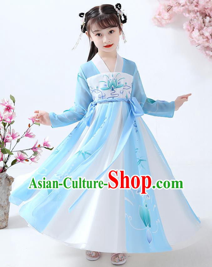 Chinese Traditional Tang Dynasty Girl Blue Hanfu Dress Ancient Princess Costumes Stage Show Apparels Flowers Cape Blouse and Skirt for Kids