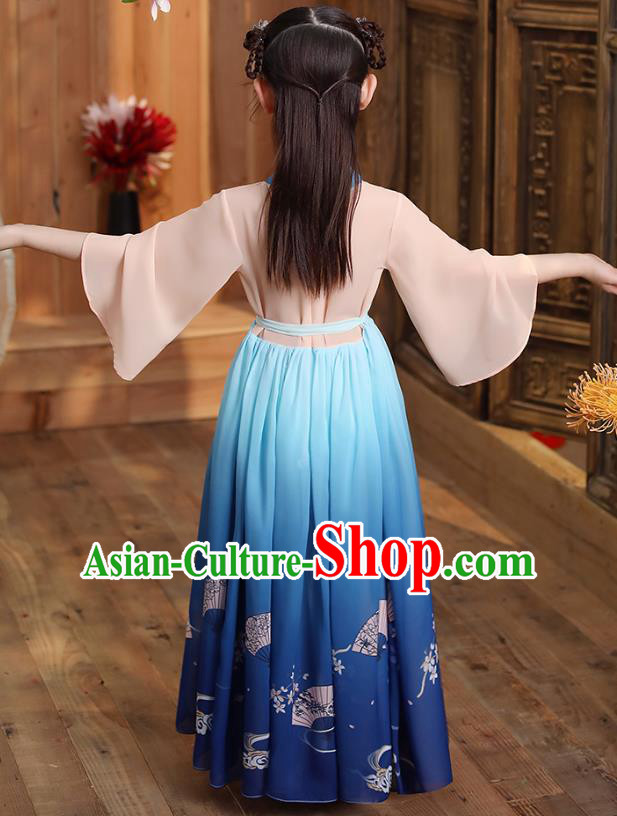 Chinese Traditional Deep Blue Hanfu Dress Apparels Ancient Princess Costumes Stage Show Girl Cape Blouse and Skirt for Kids
