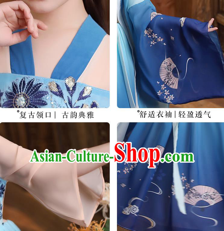 Chinese Traditional Deep Blue Hanfu Dress Apparels Ancient Princess Costumes Stage Show Girl Cape Blouse and Skirt for Kids