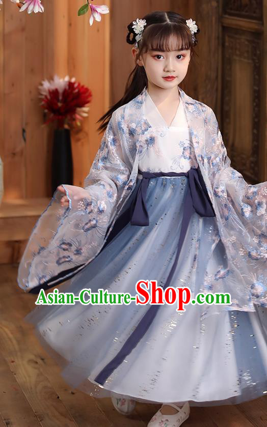 Chinese Traditional Children Hanfu Dress Apparels Ancient Princess Costumes Stage Show Girl Cape Blouse and Light Blue Skirt for Kids