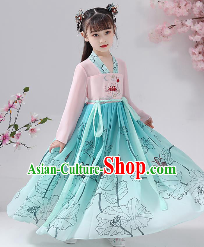 Chinese Traditional Song Dynasty Hanfu Dress Apparels Ancient Princess Costumes Stage Show Girl Blue Cape Blouse and Skirt for Kids
