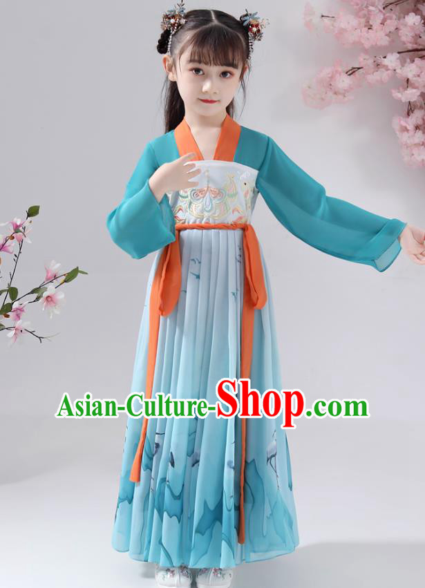 Chinese Traditional Blue Chiffon Hanfu Dress Apparels Ancient Princess Costumes Stage Show Girl Cape Blouse and Skirt for Kids