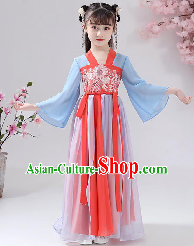 Chinese Traditional Hanfu Dress Apparels Ancient Princess Costumes Stage Show Girl Blue Cape Blouse and Watermelon Red Skirt for Kids