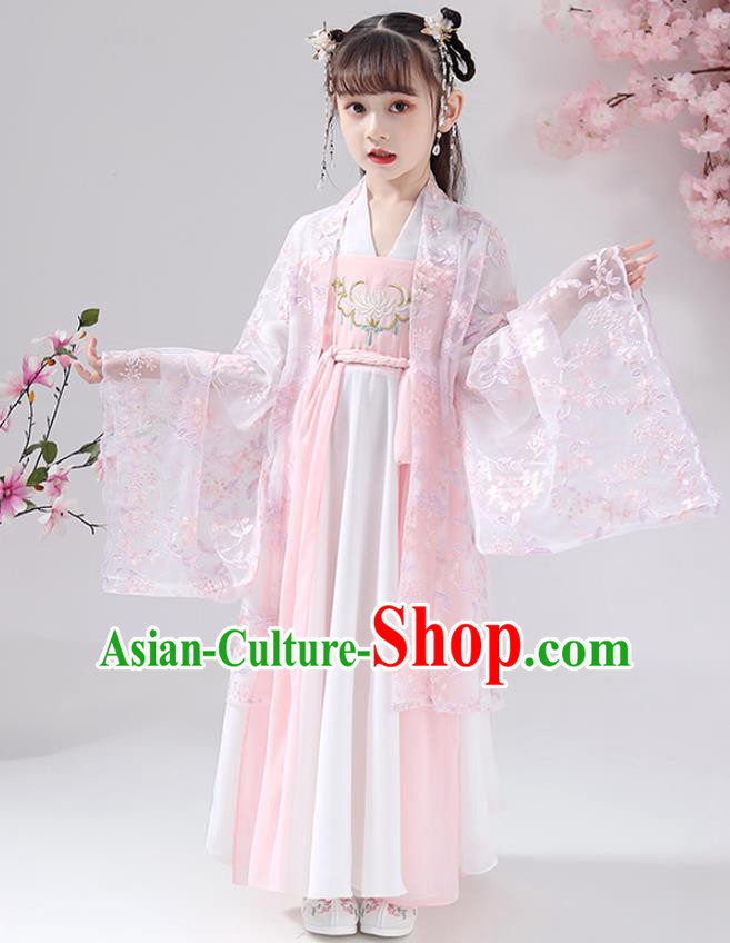 Chinese Traditional Girl Princess Hanfu Dress Apparels Ancient Costumes Stage Show Pink Cape Blouse and Skirt for Kids