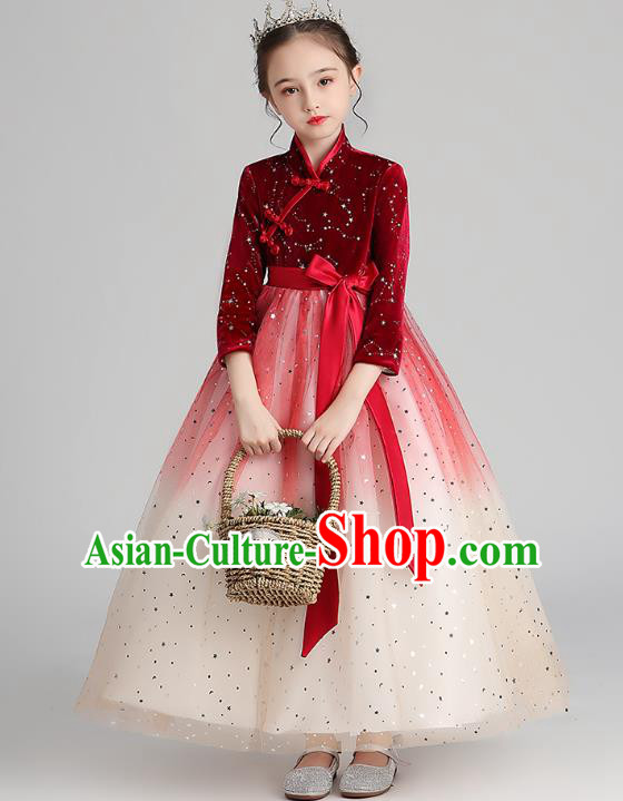Chinese Traditional Tang Suit Red Velvet Qipao Dress Apparels Ancient Girl Costumes Stage Show Veil Cheongsam for Kids