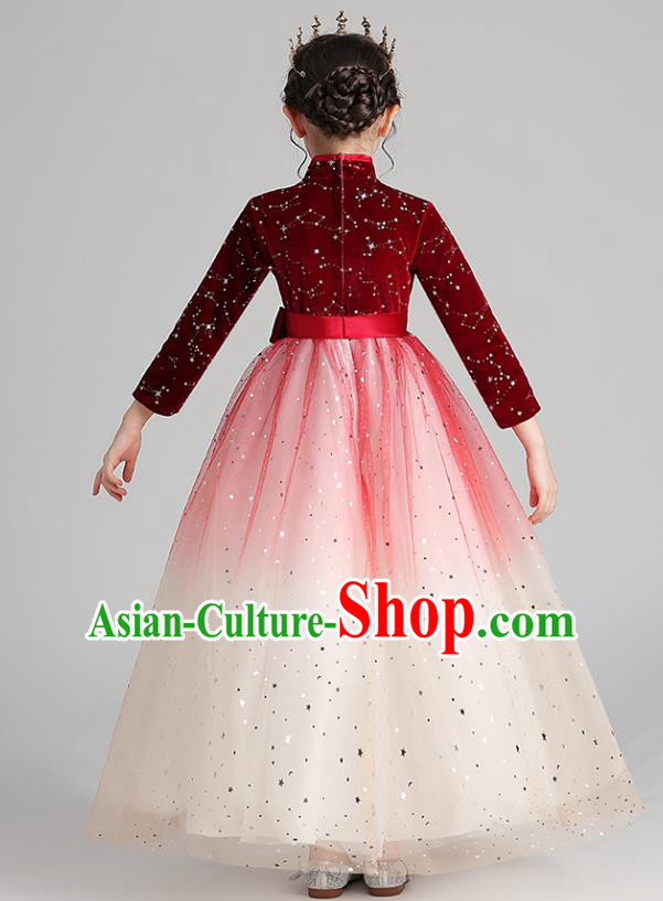 Chinese Traditional Tang Suit Red Velvet Qipao Dress Apparels Ancient Girl Costumes Stage Show Veil Cheongsam for Kids