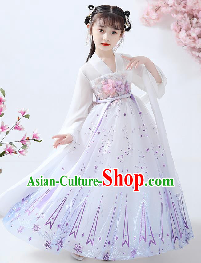 Chinese Traditional White Hanfu Dress Ancient Princess Costumes Stage Show Girl Cape Blouse and Skirt Apparels for Kids